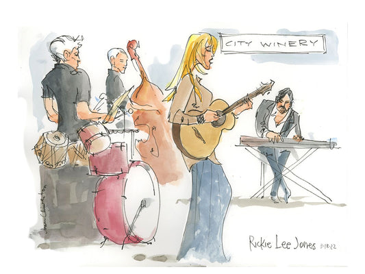 Joan Chiverton live music illustration of Rickie Lee Jones, titled “Rickie with The Band”